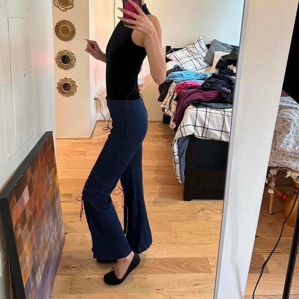 Vintage Navy Flare Jeans with Red Lace-Up Detail - Picture 8 of 8